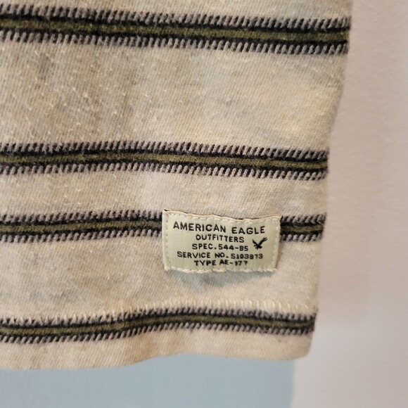 American Eagle Outfitters T Shirt Adult Small Beige Green Striped Short Sleeve - Picture 3 of 9
